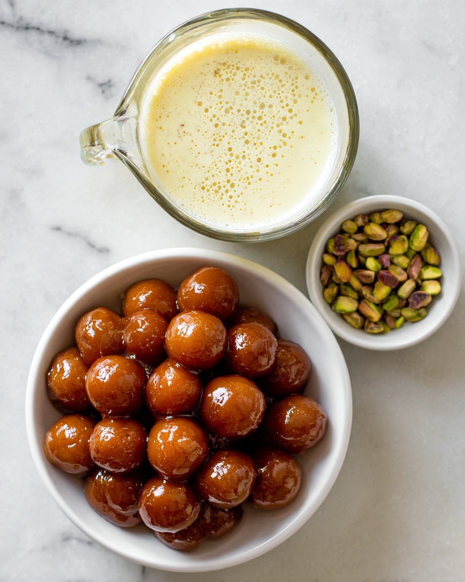 A white bowl filled with round, brown, shiny syrup-soaked balls, each smooth and glistening under light, arranged closely together. Above the bowl, a clear glass measuring cup holds a thick, creamy, pale yellow sauce with a few air bubbles on the surface. To the right of the cup, a small white bowl contains a handful of greenish-brown shelled pistachios. All items are placed on a white marbled surface with faint grey veins, giving a clean and bright contrast to the rich colors of the food. photo taken with an iphone --ar 4:5 --v 7