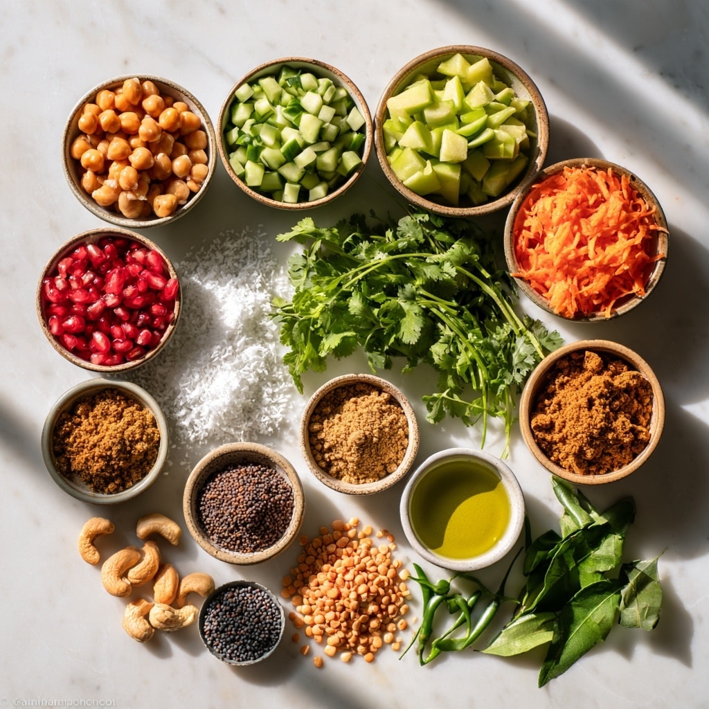 A white bowl filled with six separate layers of fresh ingredients arranged side by side: pale orange chickpeas on the top left, bright green chopped cucumber on the top right, shredded vibrant orange carrot on the far right, bright red pomegranate seeds and small green pieces with some chopped cilantro in the center, pale green chopped apple near the bottom center, and fresh dark green cilantro leaves on the bottom left. The bowl is placed on a white marbled surface. Photo taken with an iphone --ar 4:5 --v 7