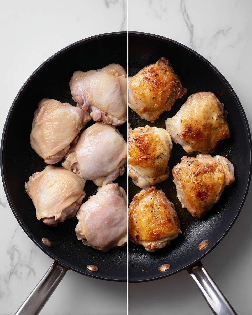 The image shows two side-by-side overhead views of a black frying pan placed on a white marbled surface. On the left, the pan contains six raw chicken thighs arranged in a circular pattern, showing smooth, pale pink skin with some visible texture. On the right, the same pan holds six cooked chicken thighs with a golden brown, crispy skin texture, glistening slightly with oil, and some light seasoning visible on the surface. The pan has two handles on either side. Photo taken with an iphone --ar 4:5 --v 7