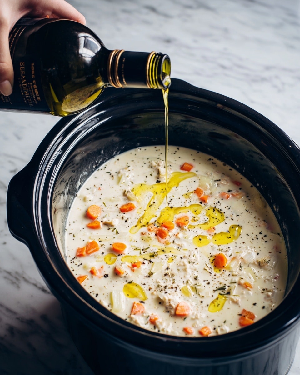 A black slow cooker filled with a creamy white soup containing small orange carrot pieces and pale onion chunks, with drops of yellow oil and black pepper scattered on top. A woman's hand holding a dark glass bottle is pouring more oil into the soup. The slow cooker sits on a white marbled surface. photo taken with an iphone --ar 4:5 --v 7