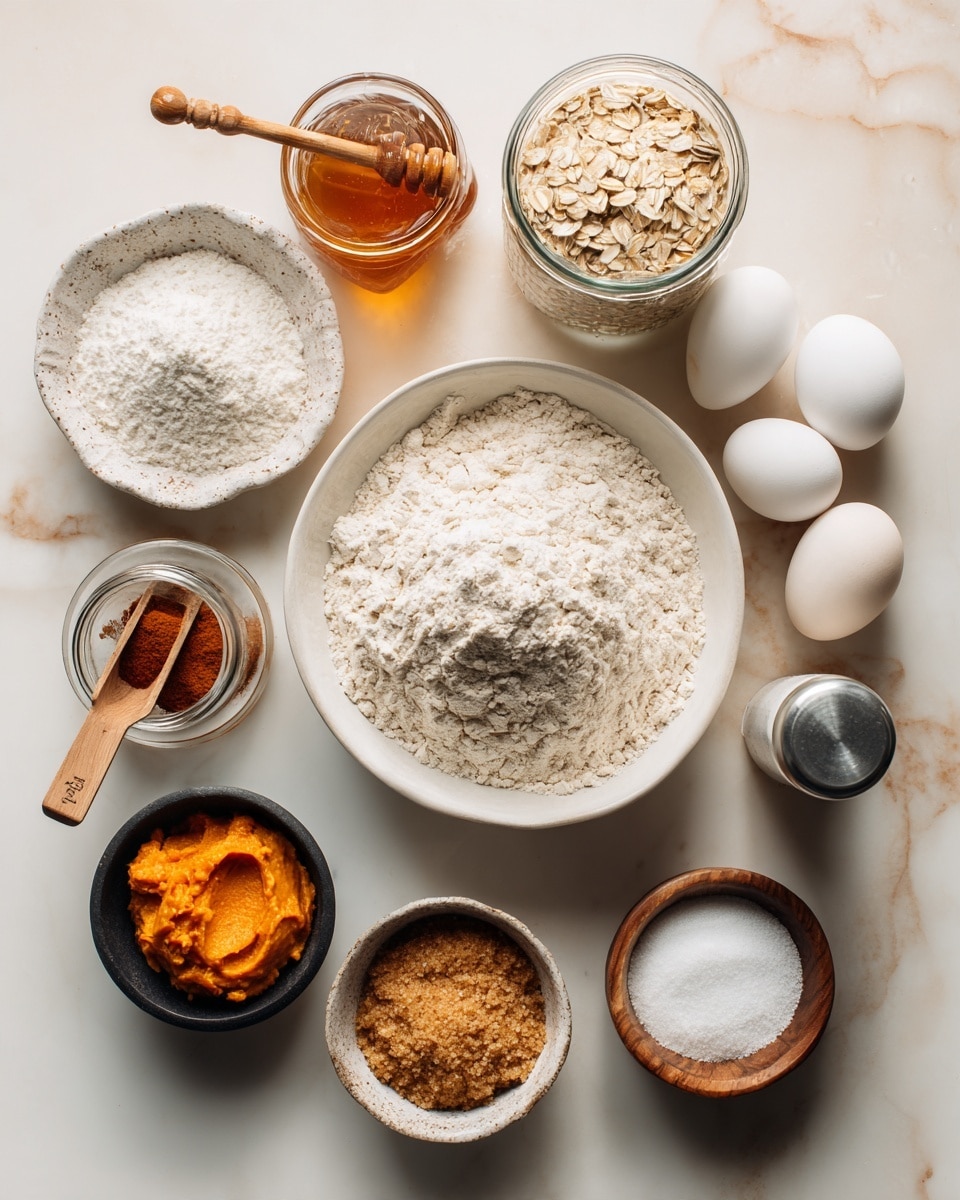 On a white marbled surface, several baking ingredients are arranged neatly: in the center, a large white bowl holds a heap of white flour with a slightly rough texture; to its left, a small white bowl contains white sugar with a fine grain, and above that is a small wooden bowl filled with white baking soda. Next to the flour bowl, on the right side, a small white bowl holds light brown brown sugar with a crumbly texture. Above the brown sugar, two white eggs rest side by side, and near them is a tall clear jar filled with light brown rolled oats. To the upper left of the eggs, a decorative textured dish holds amber-colored liquid, which looks like honey or syrup, while a small glass jar below it contains reddish-brown cinnamon powder with a wooden scoop resting inside. On the far left, a black bowl holds bright orange pumpkin puree with a smooth, thick consistency. Near the top right corner, there is a silver metal bottle, likely a container of oil or vanilla extract. Near the bottom right, a small wooden bowl contains coarse white salt. Everything is placed neatly with clear spacing, displayed under soft natural lighting. Photo taken with an iphone --ar 4:5 --v 7