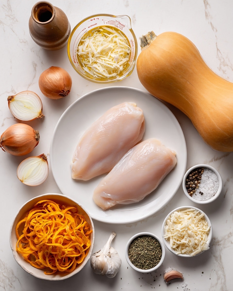 The image shows raw cooking ingredients neatly arranged on a white marbled surface, featuring two smooth, pale pink chicken fillets placed side by side on a white plate near the center. To the right is a whole, light orange butternut squash with a smooth texture. Below the plate, a white bowl holds curled orange and white cheese shreds. Halved white onions with brownish skin are placed at the top left and bottom left corners. A clear glass measuring cup with a yellow liquid and herbs is set above the plate. Small white bowls contain finely grated cheese and dried green herbs, while a small dish with coarse salt and black pepper is positioned near the top right. A couple of garlic cloves are scattered around, and there is a rustic brown bottle on the top left. The arrangement is clean and well-lit, with the items clearly visible. photo taken with an iphone --ar 4:5 --v 7