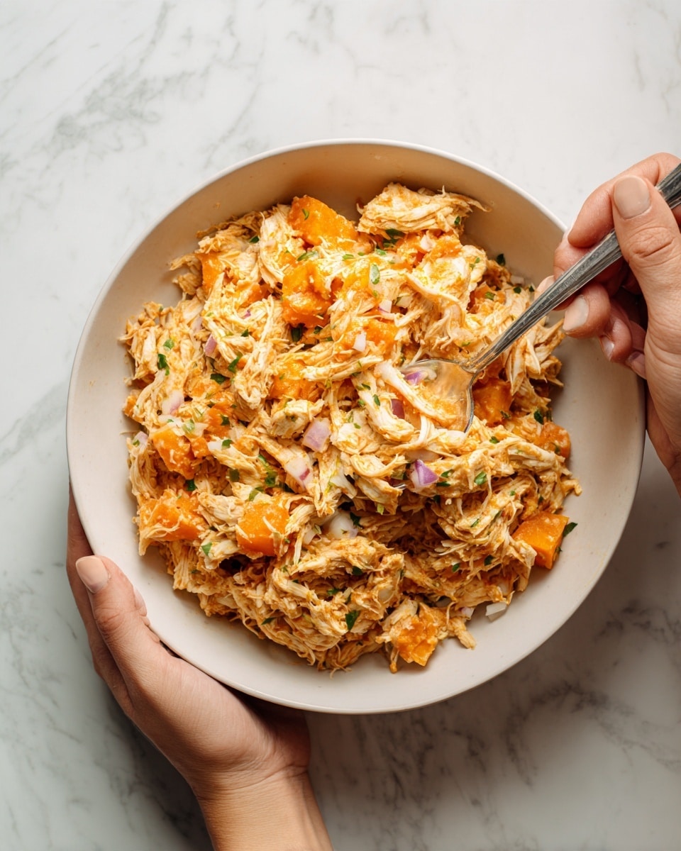 A white bowl sits on a white marbled surface, filled with two main layers mixed together: shredded light brown cooked chicken and bright orange chunks of cooked squash or sweet potato. Small bits of white onion are also mixed throughout, adding texture and contrast to the chicken and orange pieces. A woman's hand holds the bowl from the side, while the other woman's hand uses a silver spoon to scoop the mixture inside. The overall look is hearty and fresh, with a simple, natural color mix. photo taken with an iphone --ar 4:5 --v 7