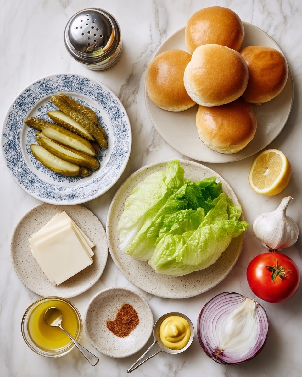 The image shows ingredients for a sandwich arranged neatly on a white marbled surface. At the top right, there is a white plate with four golden brown sandwich buns stacked close. Below and to the right, a beige speckled plate holds fresh green romaine lettuce leaves layered side by side. Near the center, a small round white speckled plate displays three slices of white cheese lined evenly. To the left is a blue and white patterned plate with several sliced pickles placed in a row. Nearby, a small round yellow glass dish contains a reddish brown powder, likely a spice. Below that, a tiny gray dish holds a dollop of yellow mustard with a small spoon. To the bottom right, a silver measuring cup is filled with a white creamy spread. Around the edges, there is also a halved red onion, a whole red tomato, lemon slices on a white plate, a garlic clove, and a small bowl with salt and pepper. In the upper center, a shiny metal oil dispenser stands tall. The whole setting is tidy and bright. Photo taken with an iphone --ar 4:5 --v 7