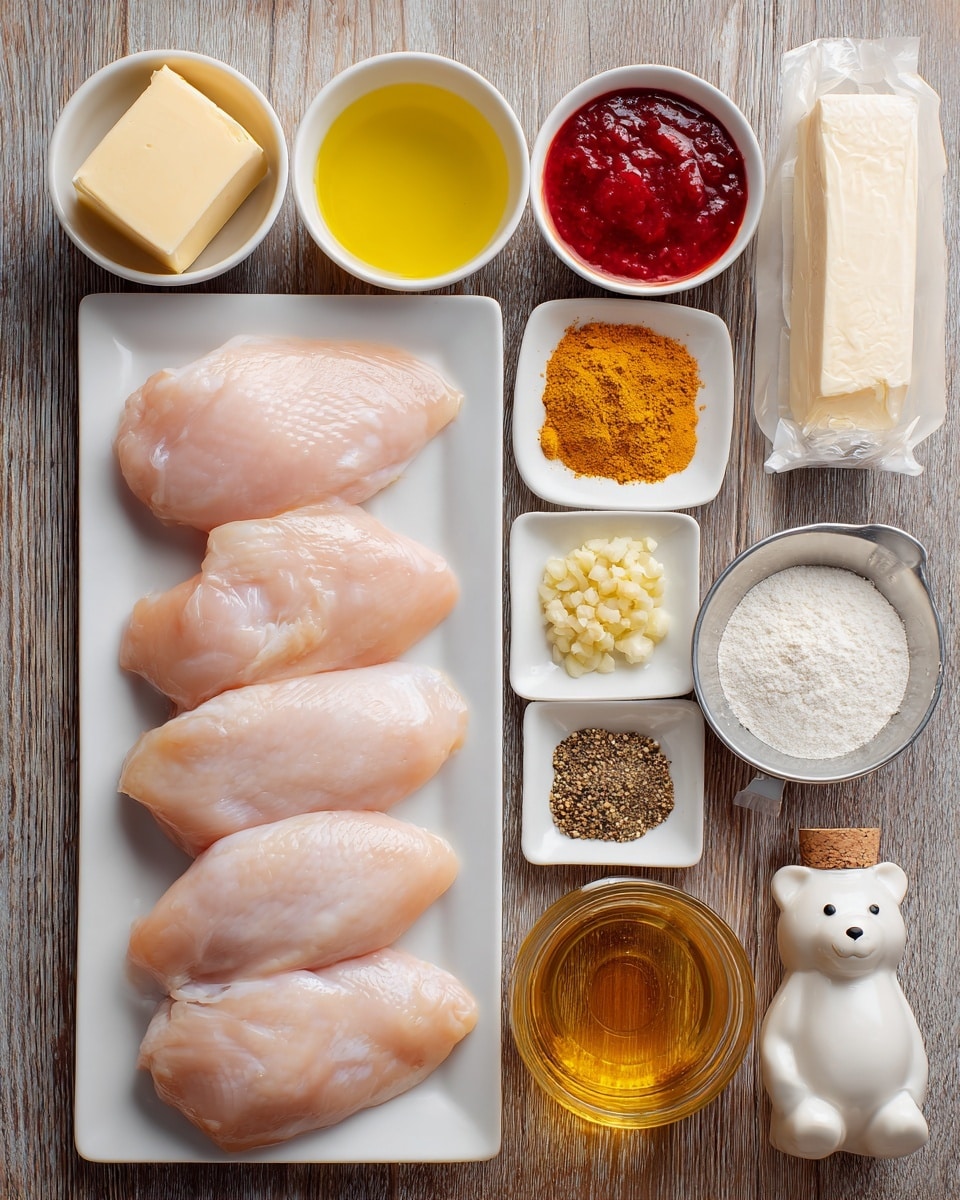 The image shows five raw chicken pieces laid out evenly on a white rectangular plate at the bottom of the frame, each piece smooth and pale pink in color with slight natural lines. Above the plate are various small containers and bowls arranged neatly on a wooden table background, changed to a white marbled texture: from left to right, a small white bowl holds light yellow oil, a stick of butter wrapped in paper lies horizontally, a small white bowl contains bright red sauce, and a speckled square white plate holds six separate piles of dry spices in shades of yellow, brown, black, white, and orange, arranged in two rows. A small beige bowl with minced pale yellow garlic sits next to a square white dish of white powder, possibly flour. Below these are a clear measuring cup with golden liquid, a metal measuring cup filled with white granulated salt, and a small bear-shaped honey bottle with a white cap. The whole setup is arranged neatly, showing a clean and organized presentation of ingredients. Photo taken with an iphone --ar 4:5 --v 7