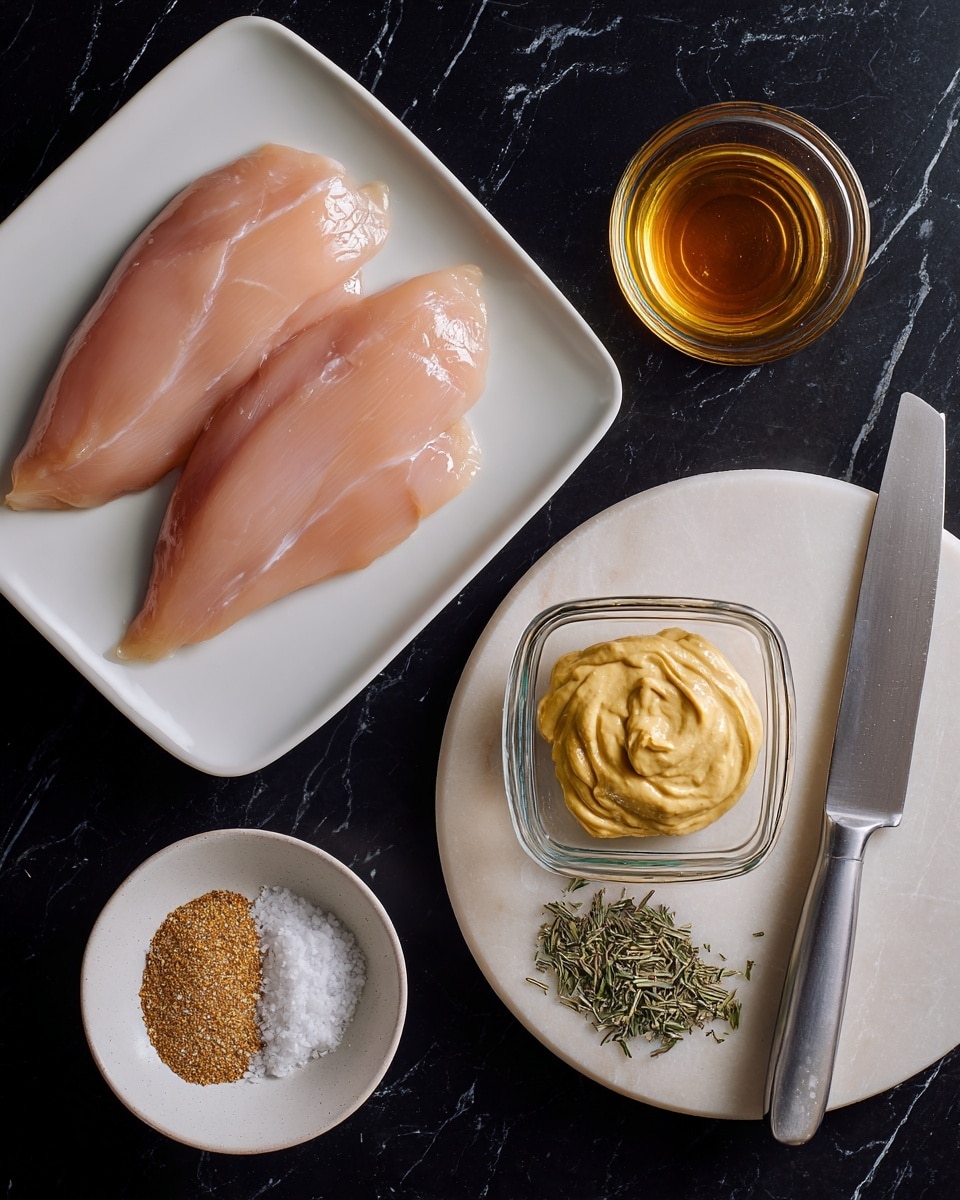 The image shows two raw light pink chicken fillets on a white plate with rounded edges in the top left corner. Below them, there is a square glass bowl containing two separate dollops: one orangish brown grainy mustard and one smooth pale yellow mayonnaise side by side. Above the bowl, a small clear glass cup holds a light amber liquid. To the right, on a round white wooden cutting board, a small green pile of dried herbs is next to a shiny knife with a grey handle. On the top edge of the image, a round white bowl filled with coarse white salt rests on a black surface. The whole setup is on a dark black tabletop with a section of white marbled surface visible under the plate. Photo taken with an iphone --ar 4:5 --v 7