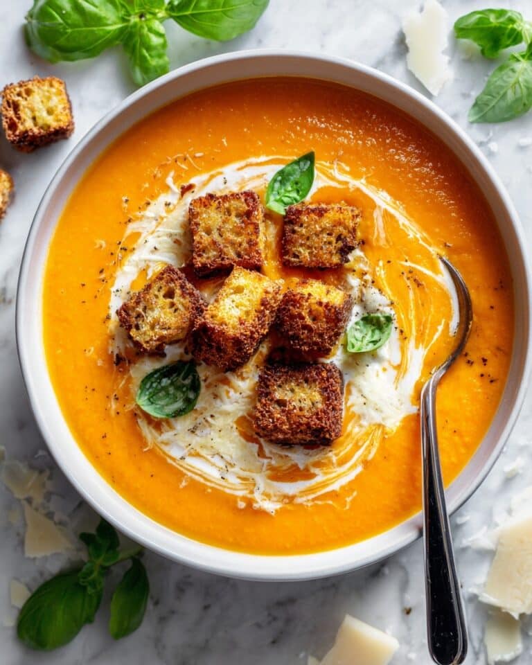 Thick, Creamy Roasted Tomato Soup with Grilled Cheese Croutons Recipe