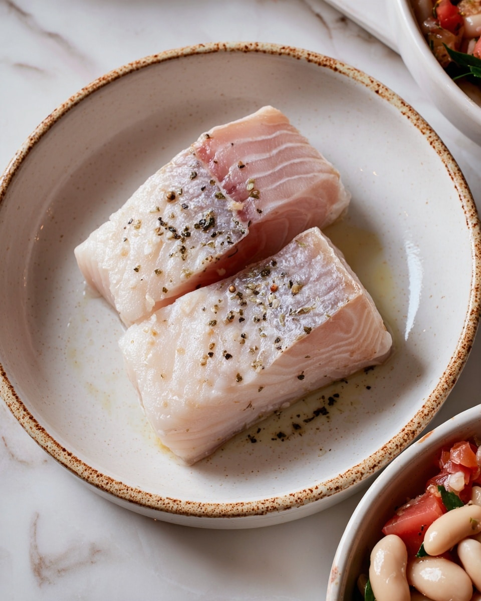 Two thick slices of raw fish with pale pink and grayish skin lie on a large white plate with a speckled tan rim. The fish slices have a smooth texture with visible natural lines and are sprinkled lightly with black pepper. The plate is placed on a white marbled surface, and part of another white bowl filled with white beans and some red tomatoes, along with green herbs, is seen near the bottom edge. Photo taken with an iphone --ar 4:5 --v 7