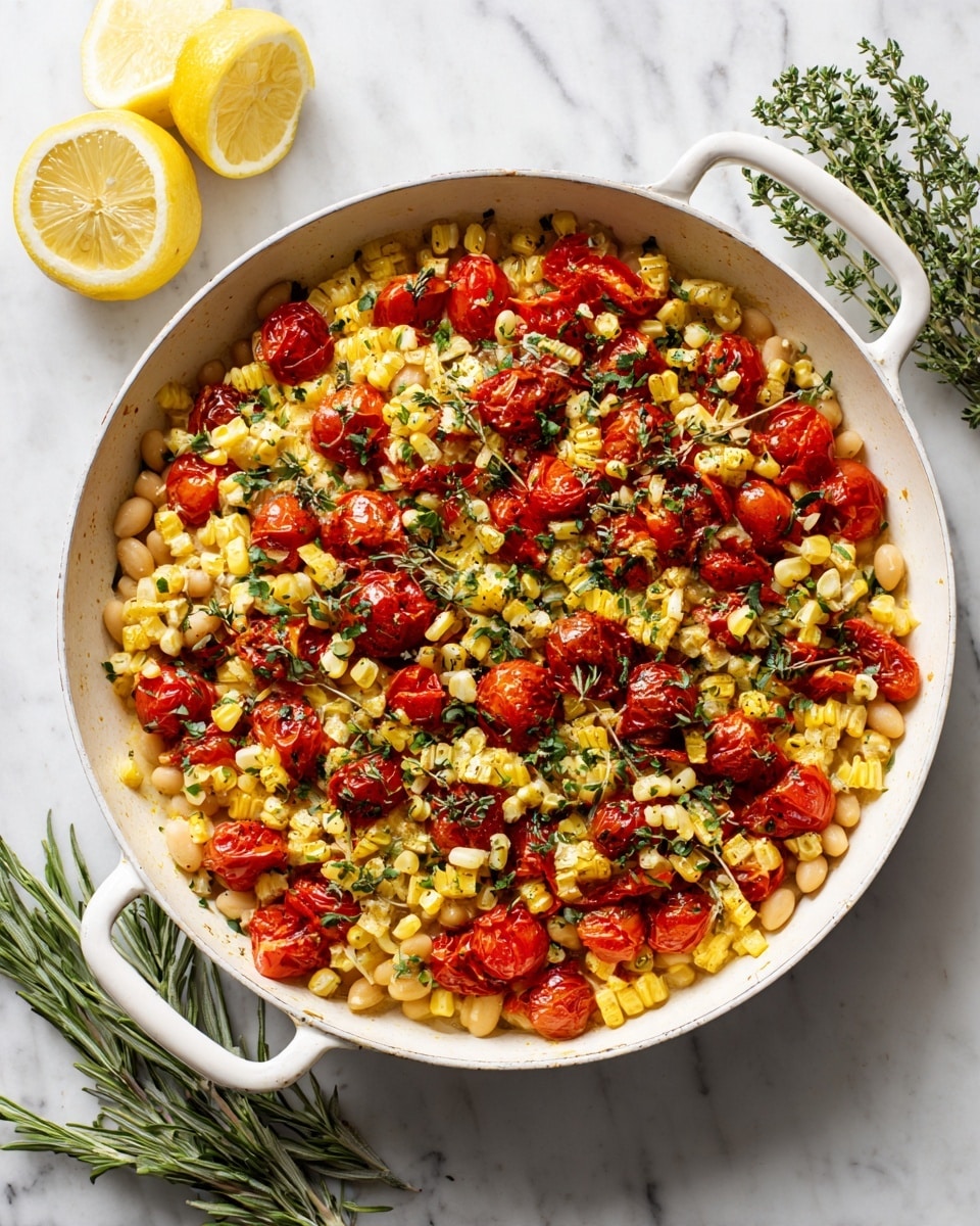 A white pan on a white marbled surface holds a colorful dish with three layers. The bottom layer is a bed of pale beige beans filling the pan fully. The middle layer is bright red roasted cherry tomatoes scattered evenly over the beans. The top layer consists of light yellow corn pieces cut into small chunks placed over the tomatoes and beans, sprinkled with green herbs that add texture. There are fresh lemon wedges and sprigs of green herbs beside the pan on the white marbled surface. photo taken with an iphone --ar 4:5 --v 7