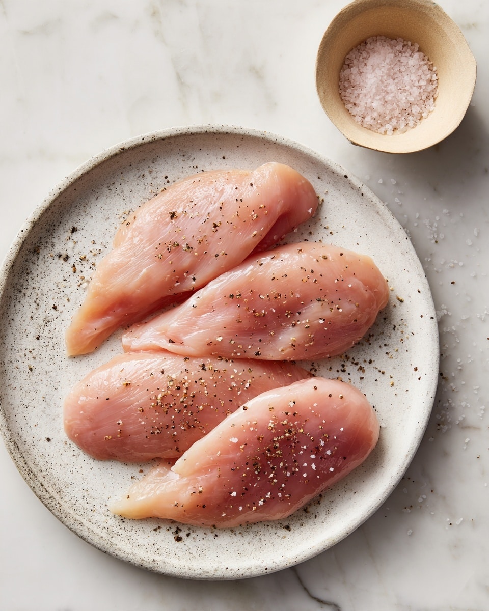 Four raw chicken fillets lightly sprinkled with coarse black pepper rest on a round white plate with a speckled gray surface. The chicken fillets overlap slightly, showing a smooth, pale pink texture. To the upper right of the plate, there is a small beige bowl filled with coarse salt. The whole scene sits on a white marbled surface. photo taken with an iphone --ar 4:5 --v 7