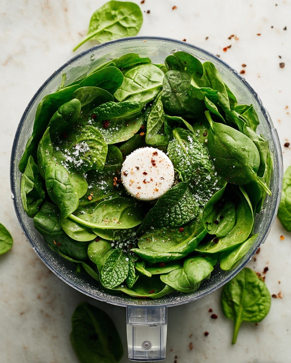 A clear food processor bowl filled with large fresh green spinach leaves and mint leaves on top. There is a light sprinkle of white salt on the leaves. The food processor has a white handle sitting on a white marbled surface with tiny scattered chili flakes and black pepper around. The view is from above, showing mostly green colors inside the bowl with a hint of red from spices on the sides of the bowl. Photo taken with an iphone --ar 4:5 --v 7