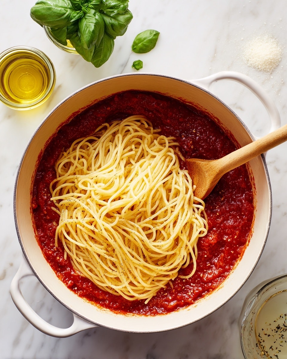 A white pot holds a rich red sauce with visible herbs and seasoning layered at the bottom, topped with a large pile of uncooked long, twisted pasta strands that are pale yellow and slightly glossy, with a wooden spoon partially submerged in the pasta on the right side. The pot sits on a white marbled surface with a small glass jar of fresh green basil leaves and a glass of light yellow oil to the left, and a clear measuring cup with pale liquid in the bottom right corner. photo taken with an iphone --ar 4:5 --v 7