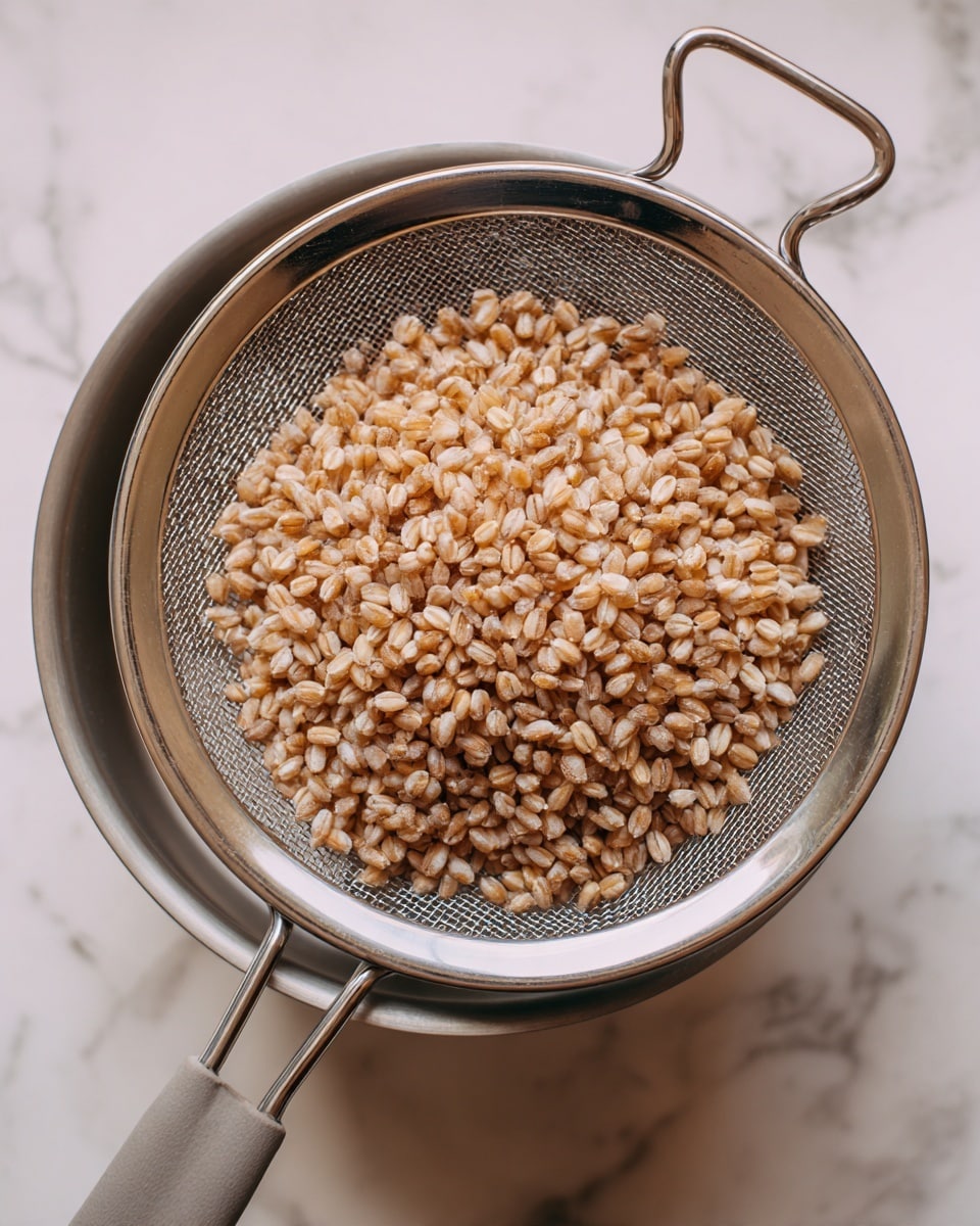 A close-up image of cooked barley grains sitting in a silver metal strainer with a greyish-beige handle, placed on top of a matching silver pot. The barley grains are light brown and softly textured, filling the strainer evenly. The background is a white marbled surface with subtle beige and light brown patterns. The scene is well-lit, highlighting the warm tones of the grains and the metal's shiny texture. Photo taken with an iphone --ar 4:5 --v 7