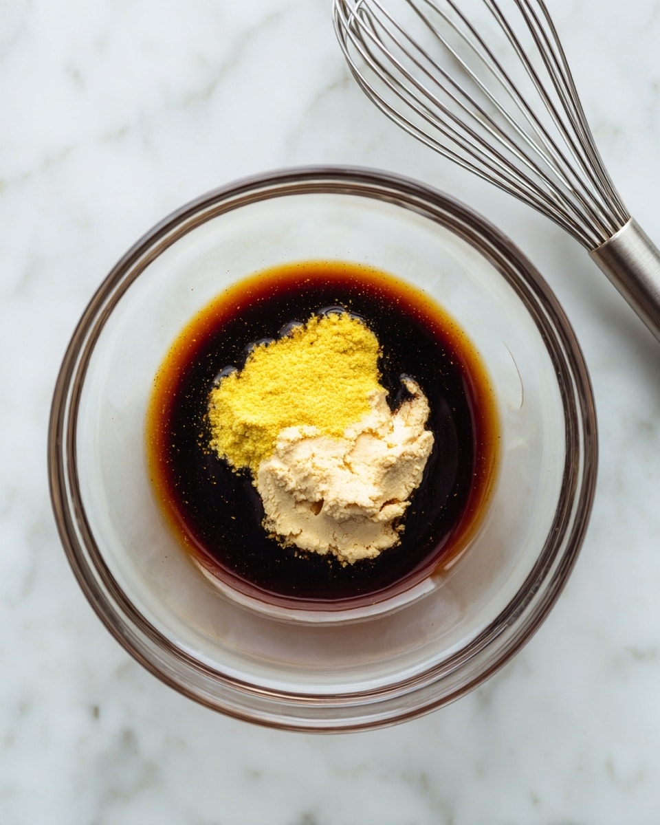 A clear glass bowl sits on a white marbled surface. Inside the bowl, there is a dark brown liquid, with a shiny, oily golden layer around the edges. On top of the liquid, in the center, there is a dollop of light beige creamy substance surrounded by a yellow mustard-colored paste. To the upper right of the bowl, a metal whisk lies on the white marbled surface. The photo taken with an iphone --ar 4:5 --v 7