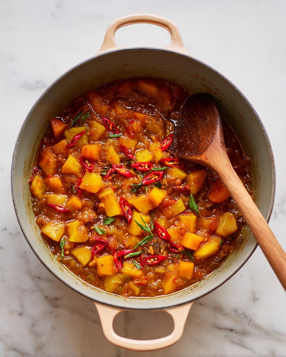 A gray cooking pot with a light peach handle is shown from above, sitting on a white marbled surface. Inside the pot, there is a mix of yellow and red chopped pieces that look like cooked fruit or vegetables in a thick brown sauce. There are also thin slices of red chili peppers and some small green leaves mixed in. A wooden spoon with a rounded head is resting in the pot on the right side, partially covered in the sauce. photo taken with an iphone --ar 4:5 --v 7