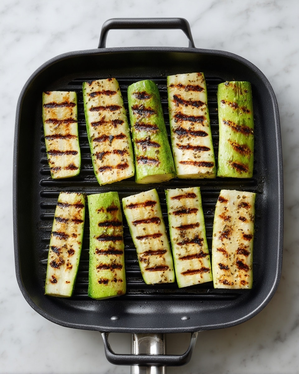 A black grill pan with parallel ridges holds fifteen rectangular pieces of grilled zucchini arranged in four rows; each zucchini piece is light green with dark brown grill marks that appear as thin parallel lines or crosshatch patterns, creating a textured look. The pan is placed on a white marbled surface with soft lighting that highlights the charred edges. photo taken with an iphone --ar 4:5 --v 7