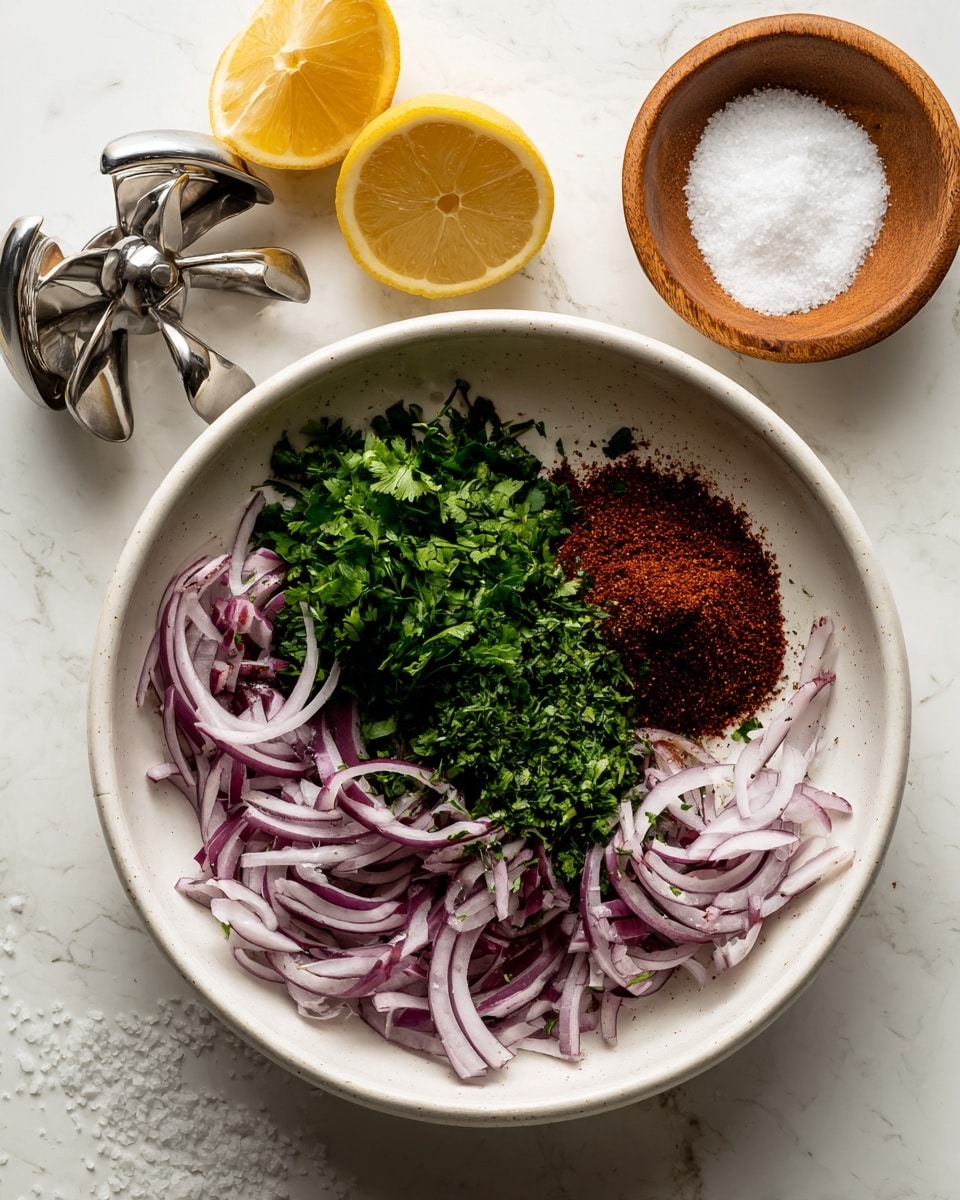A white bowl filled with thinly sliced red onions that create a loose circular layer at the base. On top of the onions, there is a small pile of finely chopped fresh green herbs, mainly cilantro, positioned near the center. Next to the herbs, there is a mound of reddish-brown spices with a coarse texture. Scattered white coarse salt crystals are visible on the onions and spices. In the upper left corner of the image, a lemon half is placed in a metal lemon squeezer. Nearby, a small wooden bowl filled with coarse white salt sits against a white marbled surface background. Photo taken with an iphone --ar 4:5 --v 7