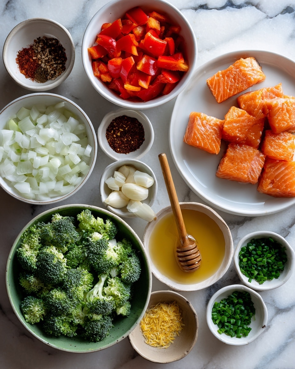 A top-down view of different ingredients arranged neatly on a white marbled surface. There are cut pieces of orange salmon placed on a white plate to the right. Next to it, in a white bowl, are bright red sliced bell peppers. Below that, a bowl holds chopped white onions. To the left, a green bowl contains fresh green broccoli florets. Around these larger bowls, several small white bowls contain spices and chopped herbs: dark brown powder, red pepper flakes, light yellow powder, fresh chopped garlic, and green chives. A bowl of golden honey with a wooden honey dipper rests near the center. All items are placed in an organized manner, showing a mix of colors and textures. Photo taken with an iphone --ar 4:5 --v 7