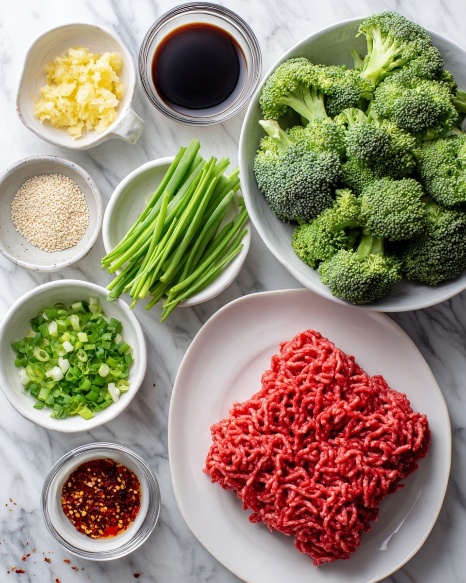 The image shows a flat lay of fresh cooking ingredients arranged on a white marbled surface. There is a large white plate with a block of raw ground meat that has a rich red color and a soft texture made of thin strands. Surrounding it are small white bowls containing chopped green onions (bright green rings), minced garlic and ginger (both pale yellow and finely chopped), sesame seeds (off-white and small), chili flakes (red with some seeds), and different liquids in clear measuring cups and bowls: one with dark soy sauce, another with golden honey or syrup, and a light yellow oil. A large white bowl holds fresh broccoli florets that are green with a textured surface. The composition is clean and well-lit, with all items clearly visible. Photo taken with an iphone --ar 4:5 --v 7
