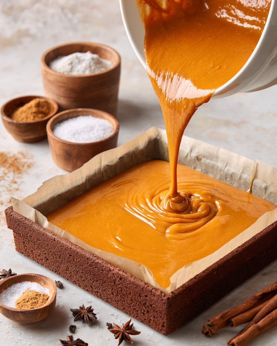A square baking pan lined with parchment paper is filled with a smooth, thick orange batter being poured from a white bowl, creating a shiny and even top layer. The batter’s surface is glossy and rich in color, covering a light brown crust layer beneath it. Around the pan, a white marbled surface holds small wooden bowls with coarse salt, cinnamon powder, and whole cloves scattered nearby, adding a rustic feel. Photo taken with an iphone --ar 4:5 --v 7