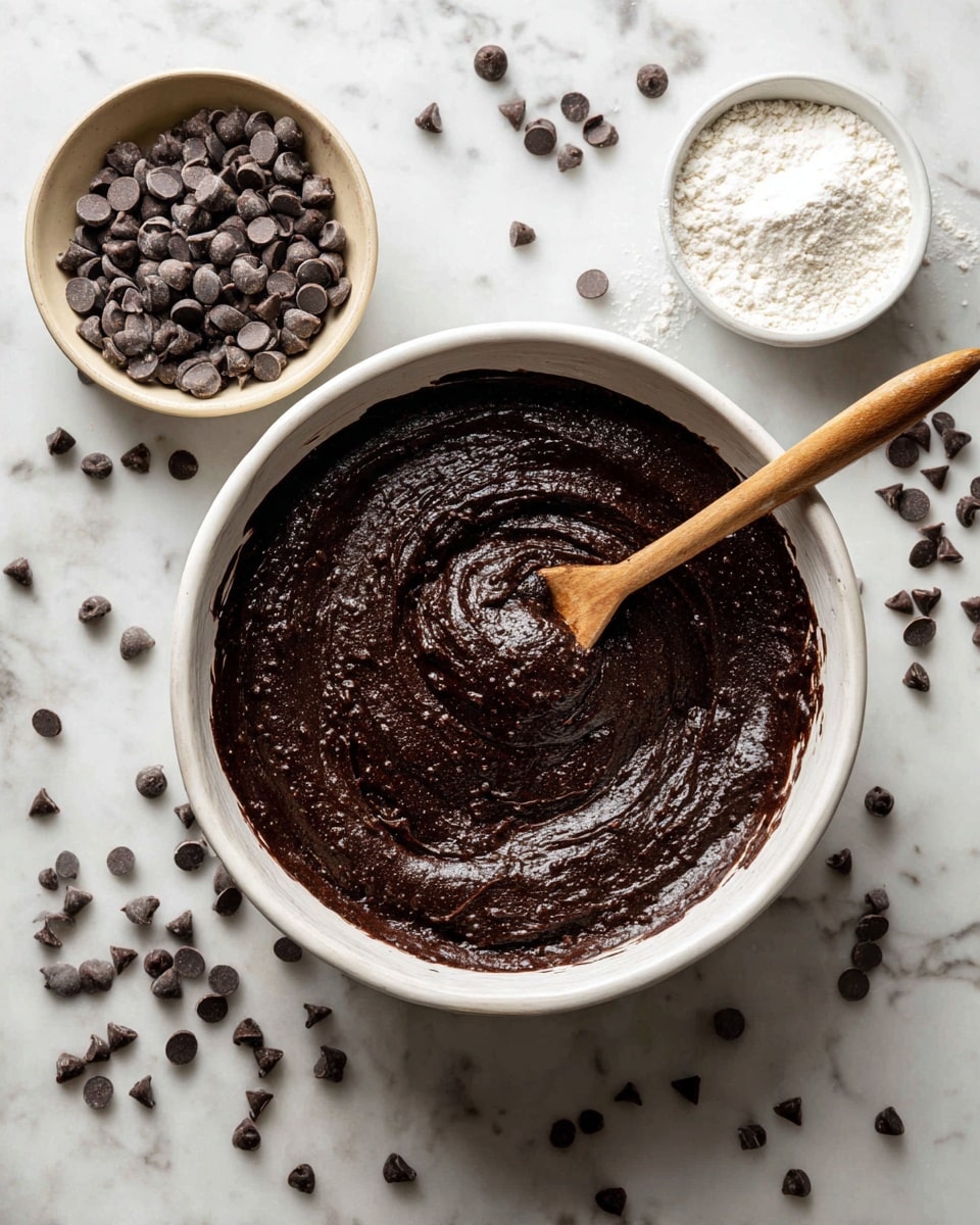 A large white bowl filled with thick, dark brown chocolate batter mixed with many small, dark chocolate chips scattered on top and throughout. A wooden spoon with some batter on it rests inside the bowl. Around the bowl on a white marbled surface are scattered chocolate chips and a small beige bowl holding white powdered sugar, along with a small white bowl full of more chocolate chips. Photo taken with an iphone --ar 4:5 --v 7