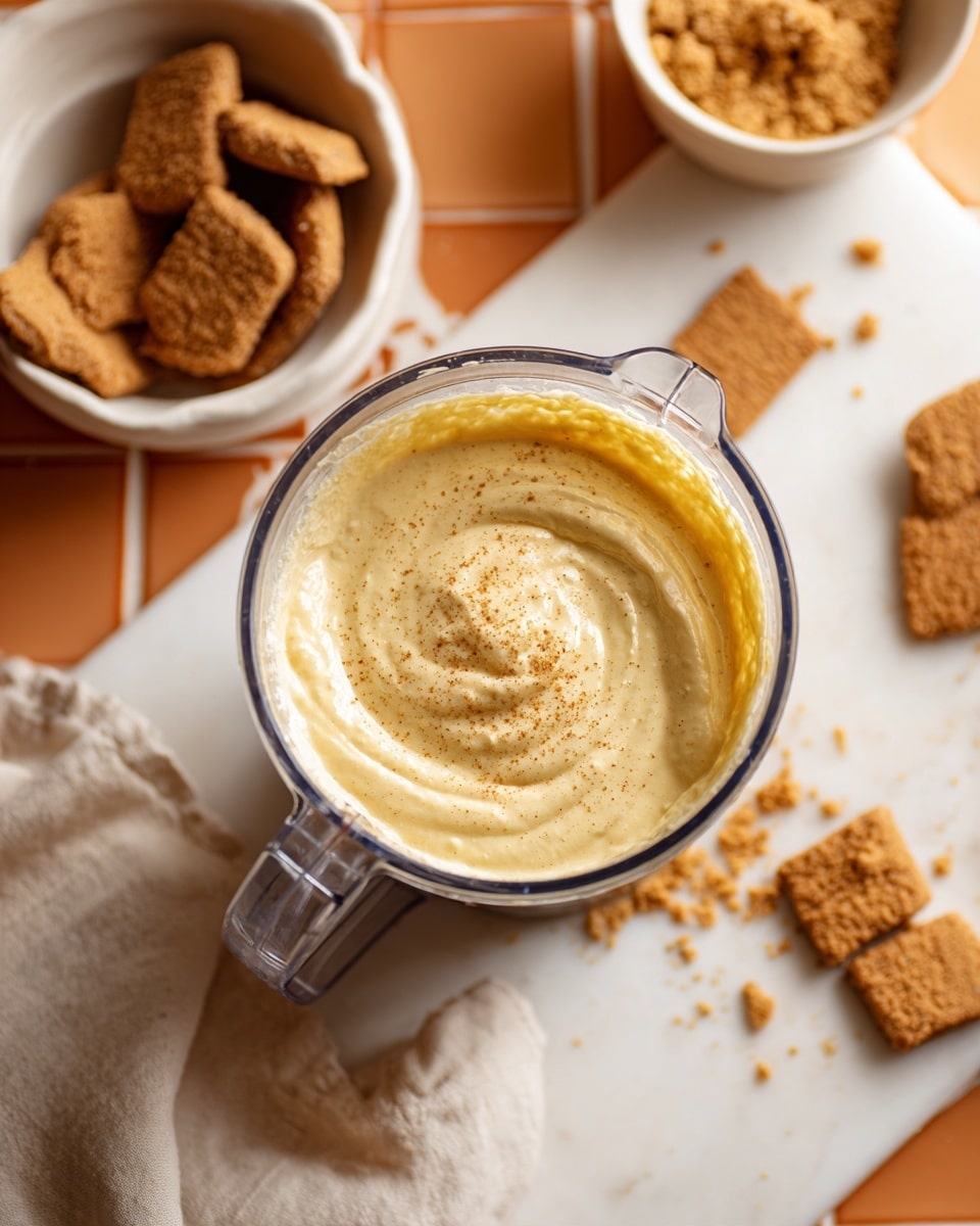 The image shows a clear blender container filled with smooth, light yellow cream that has a slightly swirled texture on top. Around the blender are several brown ginger snap cookies, some whole and some in crumb form, placed in a white bowl and scattered on a white marbled surface. The background is tiled with warm orange and tan squares, with a white cloth partially visible under the bowl. The overall scene has a tidy, cozy kitchen feel. photo taken with an iphone --ar 4:5 --v 7