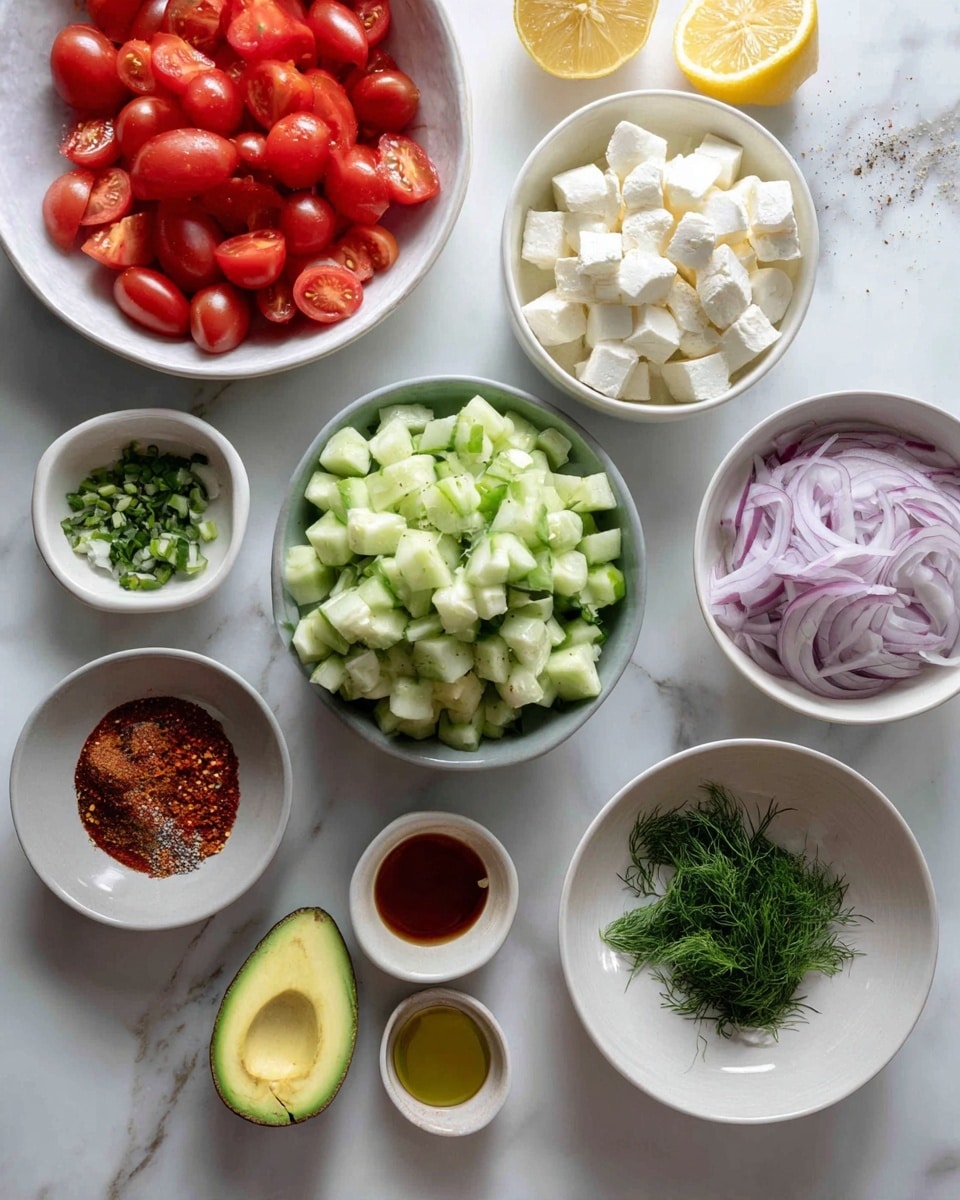 The image shows many small white bowls with fresh ingredients on a white marbled surface. One large white bowl holds bright red cherry tomatoes cut in half, showing their juicy insides. Another large white bowl contains chopped pale green cucumbers with a smooth texture. A medium white bowl has small cubes of white cheese. There is also a white bowl with thin, light purple onion slices resting inside. A small white bowl has finely chopped green herbs, and another small white bowl contains green dill. On a white plate, two halves of a yellow-green avocado sit side by side, one with the large brown seed and the other hollow. There are small white bowls with spices, a reddish sauce, and oil around the main bowls. A lemon half with a bright yellow color lies at the top nearby. The picture is taken from above with natural bright light, photo taken with an iphone --ar 4:5 --v 7