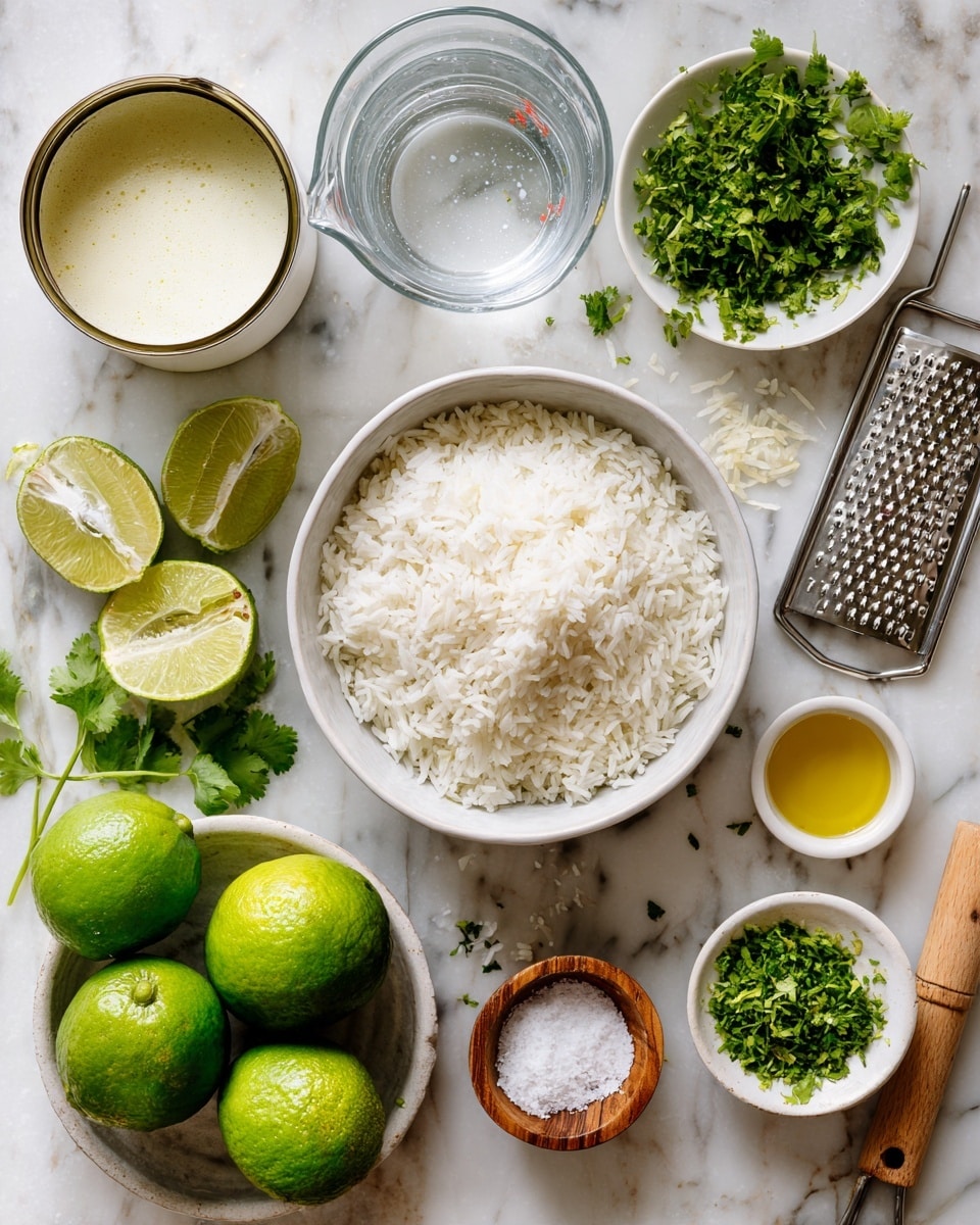 The image shows a collection of cooking ingredients arranged neatly on a white marbled surface. In the center, there is a white bowl full of plain white rice, with grains visible in fine detail. To the top left, a white tin with a smooth, creamy coconut milk is open, alongside a clear glass measuring cup filled with water. Near the bottom, there are three whole bright green limes and two lime halves showing their juicy pulp. A small white bowl with fresh green cilantro leaves sits to the right, next to a smaller bowl with finely grated lime zest. A metal grater with wooden handle rests on the surface near the top right, holding some grated lime zest. There is also a tiny wooden bowl containing white salt and a small white bowl with golden yellow oil. Fresh cilantro leaves are scattered around, adding a lively green contrast. Photo taken with an iphone --ar 4:5 --v 7
