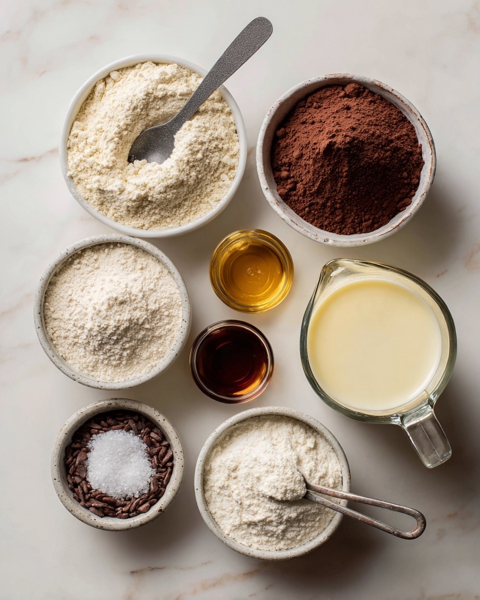 The image shows six small white bowls and one clear glass measuring cup arranged on a white marbled surface. The bowls hold different ingredients: one is filled with light beige flour, another with dark brown cocoa powder with a gray spoon resting on top, one has a golden-brown liquid, another has a deep amber liquid, a small bowl contains white salt, and a metal measuring cup holds more light beige flour. The clear glass measuring cup is filled with a creamy white liquid and has a spout handle. The scene is well-lit with soft even light. photo taken with an iphone --ar 4:5 --v 7