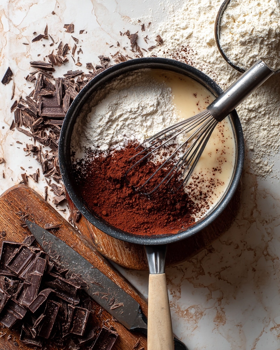 A black pot holds the ingredients for a chocolate batter, layered visually from the side: a base layer of beige liquid, topped with a pile of white flour on the left, and dark brown cocoa powder centered above the flour. A silver whisk rests inside the pot, its handle extending out to the right. To the bottom left of the pot, a wooden board is filled with dark chocolate shavings and a large knife with a beige handle, laying horizontally. The background is a white marbled surface with some scattered chocolate shavings and a metal measuring spoon filled with flour near the top right corner. Photo taken with an iphone --ar 4:5 --v 7