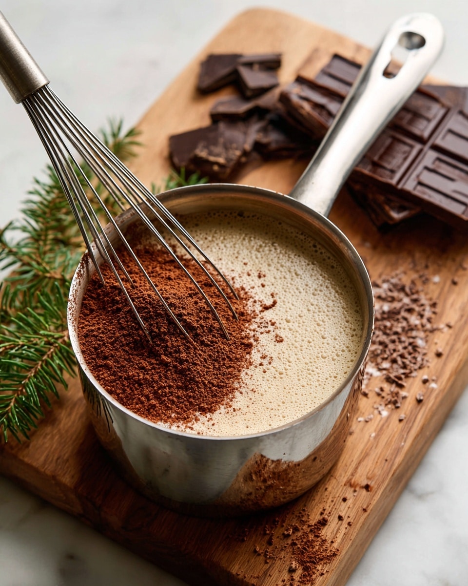 A small stainless steel pot filled with a light beige frothy liquid with a heap of reddish-brown cocoa powder on one side and some sprinkled cocoa bits around it; a silver whisk with a long handle is inside the pot resting against the edge, as if stirring the mixture. The pot sits on a wooden board with dark brown chocolate pieces placed on the top right corner and green pine leaves peeking from the left and bottom edges. The surface is a white marbled texture. photo taken with an iphone --ar 4:5 --v 7