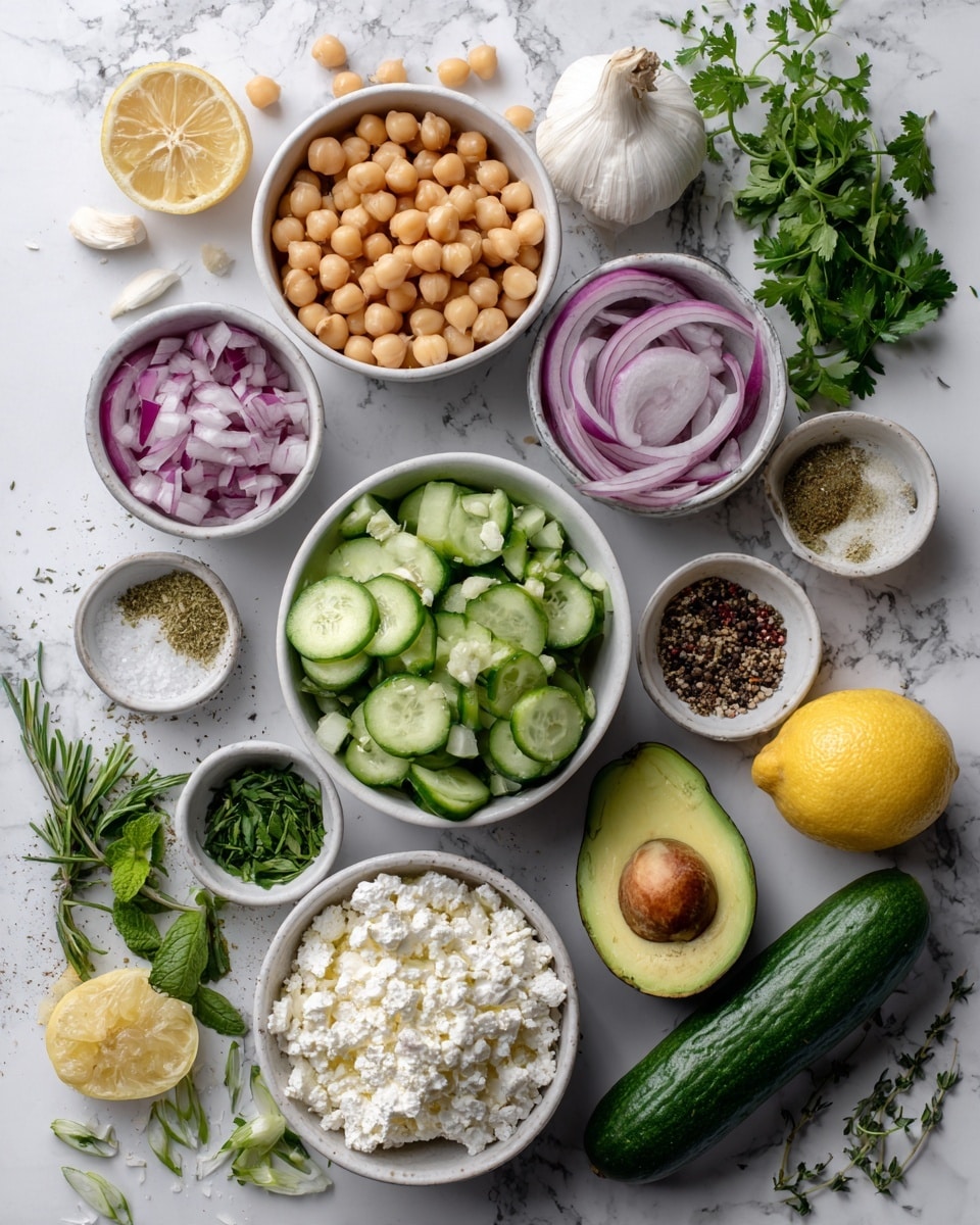 The image shows several white bowls arranged on a white marbled surface, each holding different fresh ingredients. There are chickpeas, cucumber slices, and red onion rings in separate bowls. One bowl contains white crumbled cheese, and smaller bowls hold chopped garlic, fresh green herbs, and spices like salt, pepper, and dried herbs. There is a halved avocado with its seed visible next to a lemon cut into two halves. A whole cucumber and a bulb of garlic are also placed on the surface, along with sprigs of fresh green herbs scattered around for decoration. photo taken with an iphone --ar 4:5 --v 7