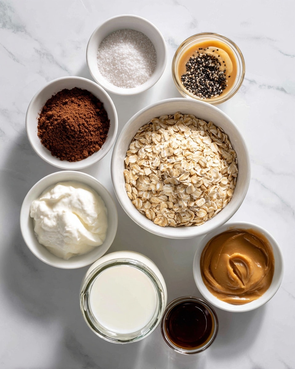 A top view of nine small white bowls and a glass jug filled with milk laid out on a white marbled surface. The central large bowl holds light beige rolled oats with a dry and flakey texture. Surrounding it are smaller bowls arranged loosely: bright brown cocoa powder with a dry, powdery texture; coarse white salt crystals; creamy white yogurt with a smooth, thick texture; black and white seeds; dark amber liquid with a smooth surface; golden brown peanut butter with a thick, spreadable texture; and light brown maple syrup with a shiny surface. The transparent glass jug contains white milk, filling most of the vessel. photo taken with an iphone --ar 4:5 --v 7