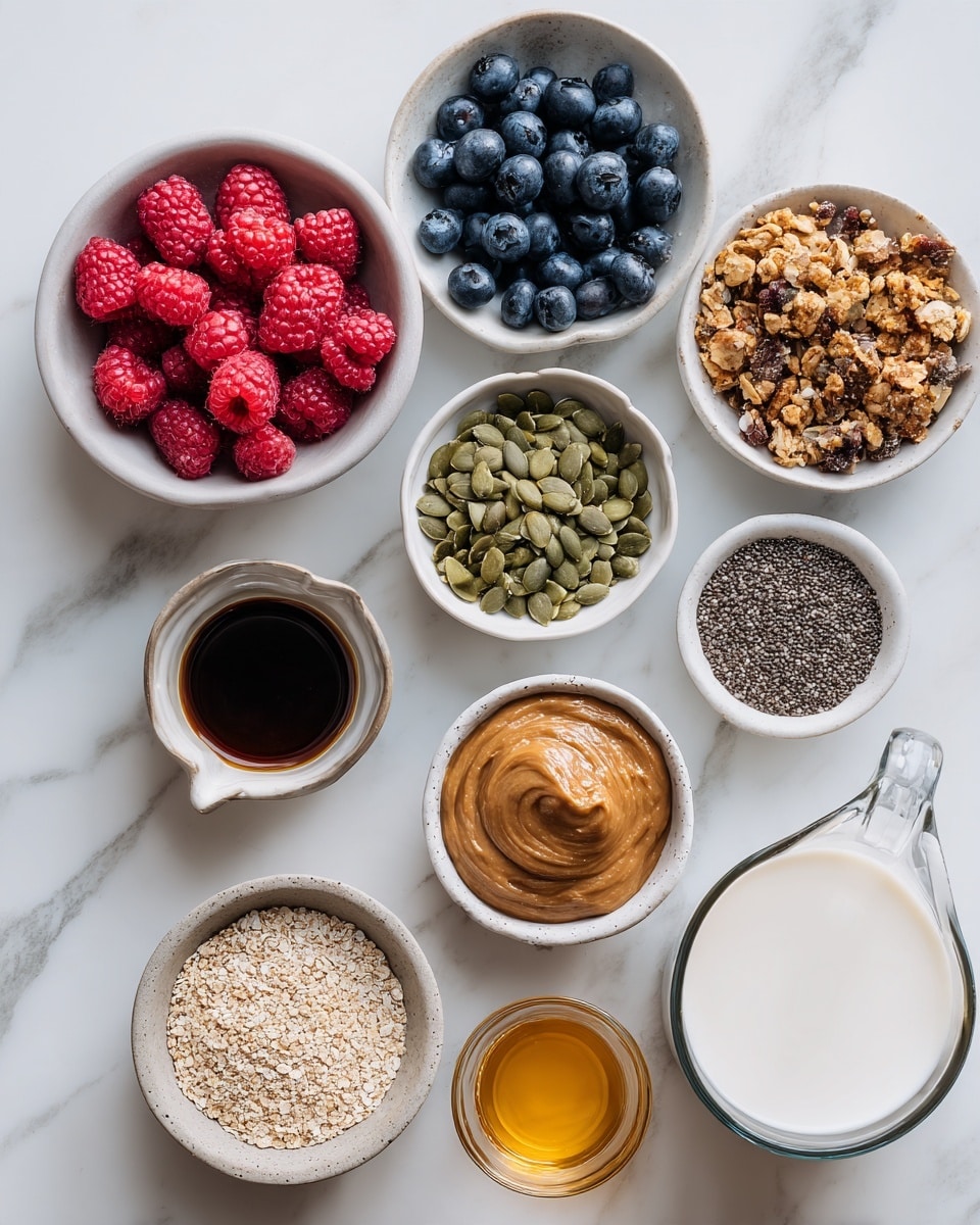 Top view of several small white bowls on a white marbled surface, each holding different ingredients: a bowl of red raspberries and dark blue blueberries; a bowl of green pumpkin seeds; a bowl of light brown granola with nuts; a bowl of black chia seeds; a bowl of light beige powder; a bowl of thick brown almond butter; a small glass with dark syrup and a small cup with golden syrup. A glass measuring cup filled with white milk is also visible in the bottom right corner. Photo taken with an iphone --ar 4:5 --v 7