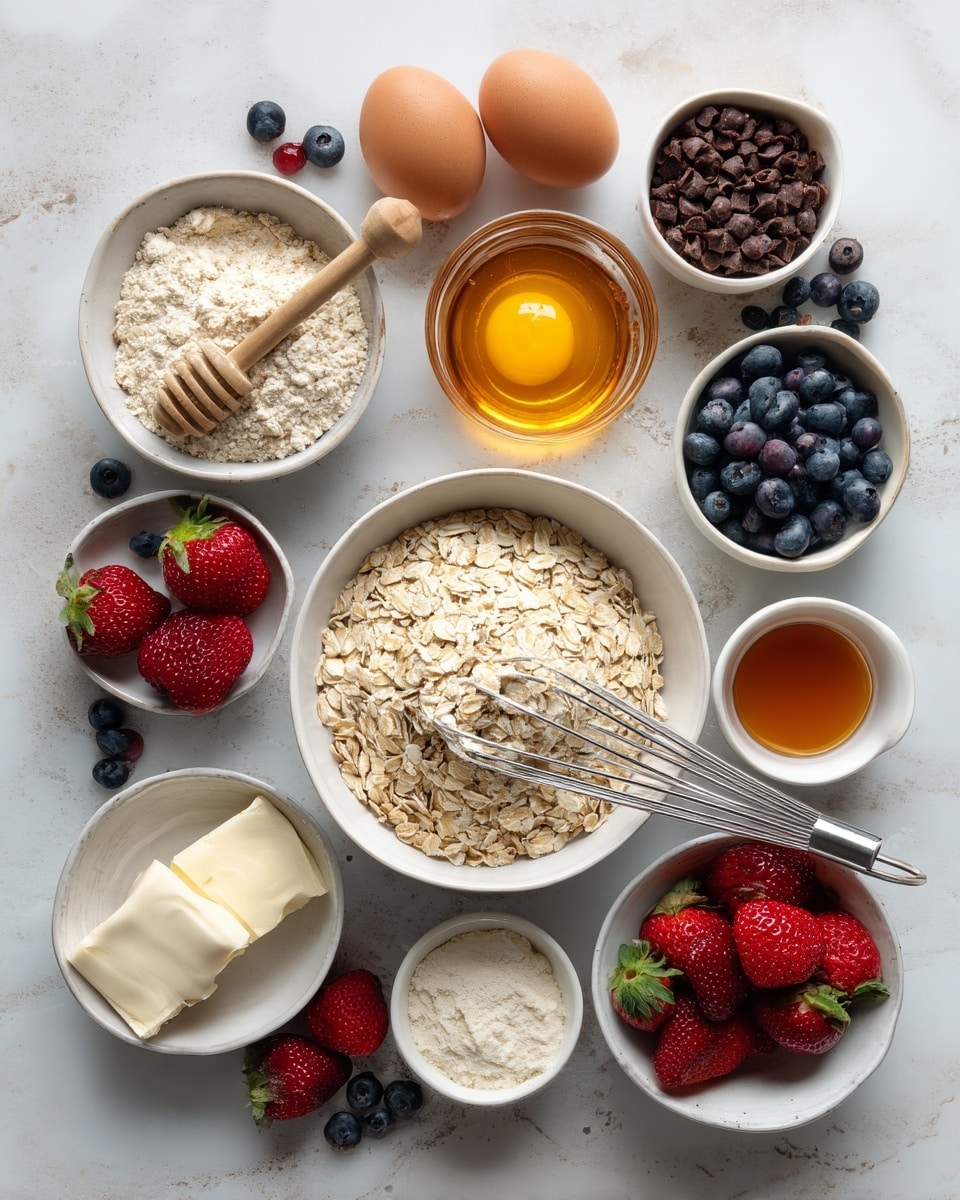 A top view of many white bowls and a glass measuring cup with ingredients on a white marbled surface: one large bowl in the center filled with pale cream rolled oats with a small metal whisk resting on it, surrounding it clockwise are bowls containing golden honey with a honey dipper, fresh blueberries and raspberries, two brown eggs, a dark amber liquid, light beige powder, cinnamon powder, and a smaller bowl with white cream; a bowl with chocolate chips, a bowl filled with bright red strawberries, and two bowls with mixed fresh berries in red, blue, and purple shades sit around the edges. The strawberries are scattered around the bowls too. photo taken with an iphone --ar 4:5 --v 7