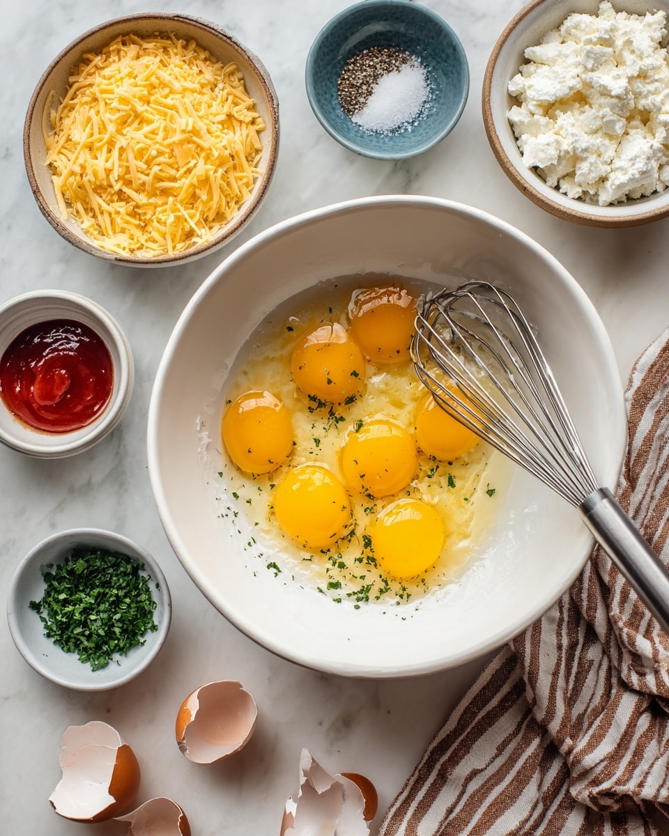 A white bowl filled with eight cracked eggs showing bright yellow yolks and clear whites, with an old-fashioned metal whisk inside. Around the bowl are smaller white bowls containing chopped green herbs, white granulated salt with black pepper on a blue dish, a small amount of red sauce, and light grains of salt. There is also a white bowl with cottage cheese and a beige bowl with shredded yellow cheese, both positioned on a white marbled surface. Broken egg shells are scattered around the bowls, and a woman's hand holding the whisk is visible. A brown striped cloth is also partially underneath the cheese bowl. Photo taken with an iphone --ar 4:5 --v 7