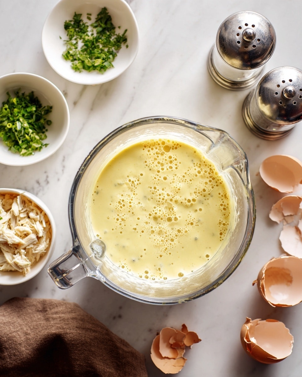 A clear blender jar filled with a smooth, light yellow mixture with small bubbles on the surface, placed in the middle of the image on a white marbled surface. Around the blender, there are four small white bowls containing chopped green herbs and shredded cooked chicken. Several cracked brown eggshells are scattered on the right side near two metal salt and pepper shakers. A brown cloth napkin is partially visible under the blender on the bottom right side. Photo taken with an iphone --ar 4:5 --v 7