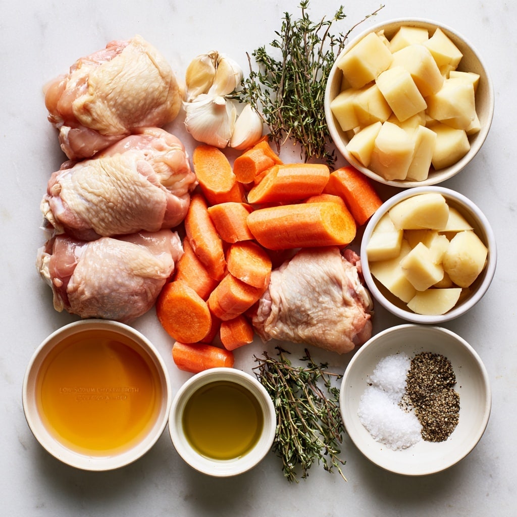 A close-up image of a round slow cooker with a white inner pot filled with four golden-brown roasted pieces of chicken arranged in the center. Around the chicken are thick chunks of orange carrots and pale yellow potatoes, with sprigs of fresh green thyme scattered on top. A woman’s hand is pouring clear broth from a beige ceramic pitcher into the slow cooker, and a wooden spoon rests inside, partially submerged among the ingredients. The scene is set on a white marbled surface, with soft natural light highlighting the textures and colors. Photo taken with an iphone --ar 4:5 --v 7
