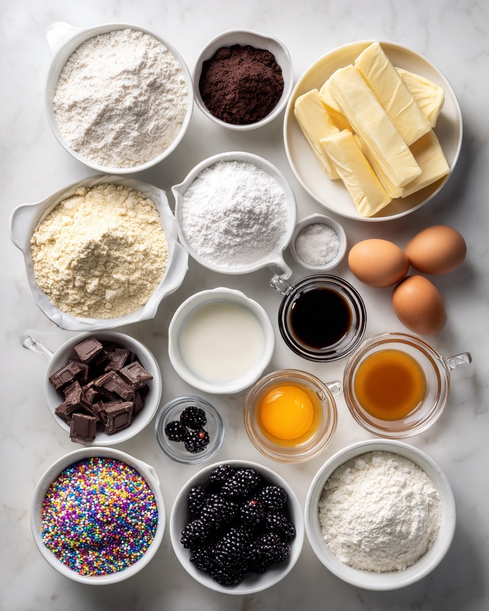 The image shows many small white bowls and clear glass pitchers arranged neatly on a white marbled surface, each filled with a different ingredient. The top row has three bowls with white flour, white sugar, and dark cocoa powder, all looking powdery. Below them are three smaller bowls with white baking powder, white cornstarch, and white salt. To the right, a white bowl holds two brown eggs, and another bowl contains solid yellow butter sticks. There are two clear glass pitchers with dark black coffee and light yellow oil, and another pitcher with white milk. A small white bowl has dark brown vanilla extract, and another bowl holds shiny blackberries. A white bowl is filled with bright white powdered sugar, while a second bowl holds more cocoa powder. At the bottom left, a bowl has colorful Halloween-themed sprinkles in black, orange, and purple. Next to it is a white bowl with some chocolate skull and bat shapes. The scene is well lit and clean. photo taken with an iphone --ar 4:5 --v 7