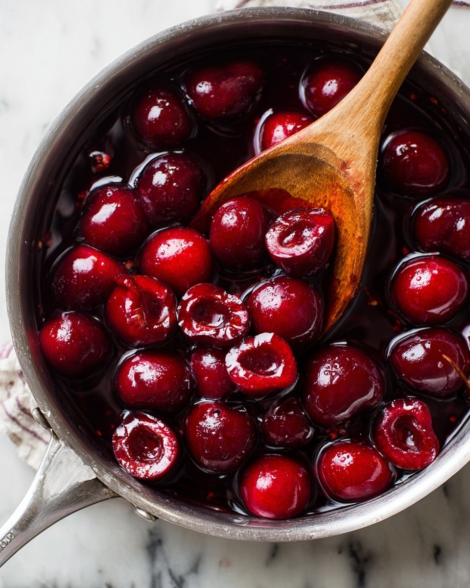 A metal pan filled with deep red cherries, some whole and some cut in half, showing their juicy insides. The cherries are sitting in a dark red syrup that glistens under the light. A wooden spoon is resting in the pan, partially covered with the syrup and cherries. The pan is placed on a surface with a white marbled texture. photo taken with an iphone --ar 4:5 --v 7