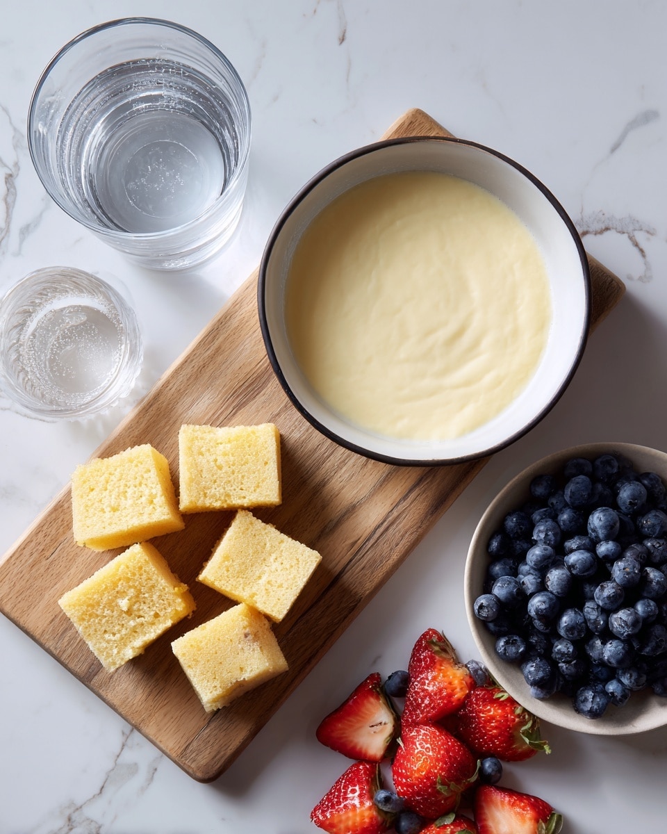 The image shows a wooden board on a white marbled surface with four groups of food. On the top right, there is a white bowl with a thin black rim, filled with smooth, light yellow cream. To the left of the bowl, there is a clear cup with water. Below that, there are small cubes of light yellow cake with golden brown edges spread out. On the bottom right, there are fresh blueberries scattered, dark blue in color with a soft texture. At the bottom, there are several strawberries, some halved, bright red with their seeds visible and shiny surfaces. Photo taken with an iphone --ar 4:5 --v 7