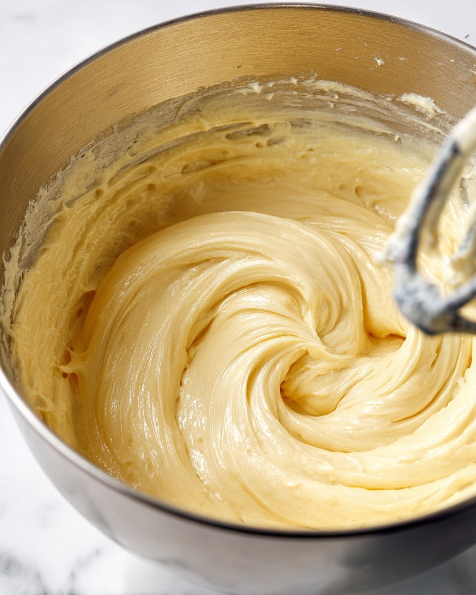 A close-up view of a shiny metal mixing bowl filled with smooth, creamy light yellow batter. The batter has soft swirls and peaks with a silky texture, showing light reflections. A metal mixer attachment is partially visible sinking into the batter on the right side. The inside of the bowl has batter residue. The background is a white marbled texture. photo taken with an iphone --ar 4:5 --v 7