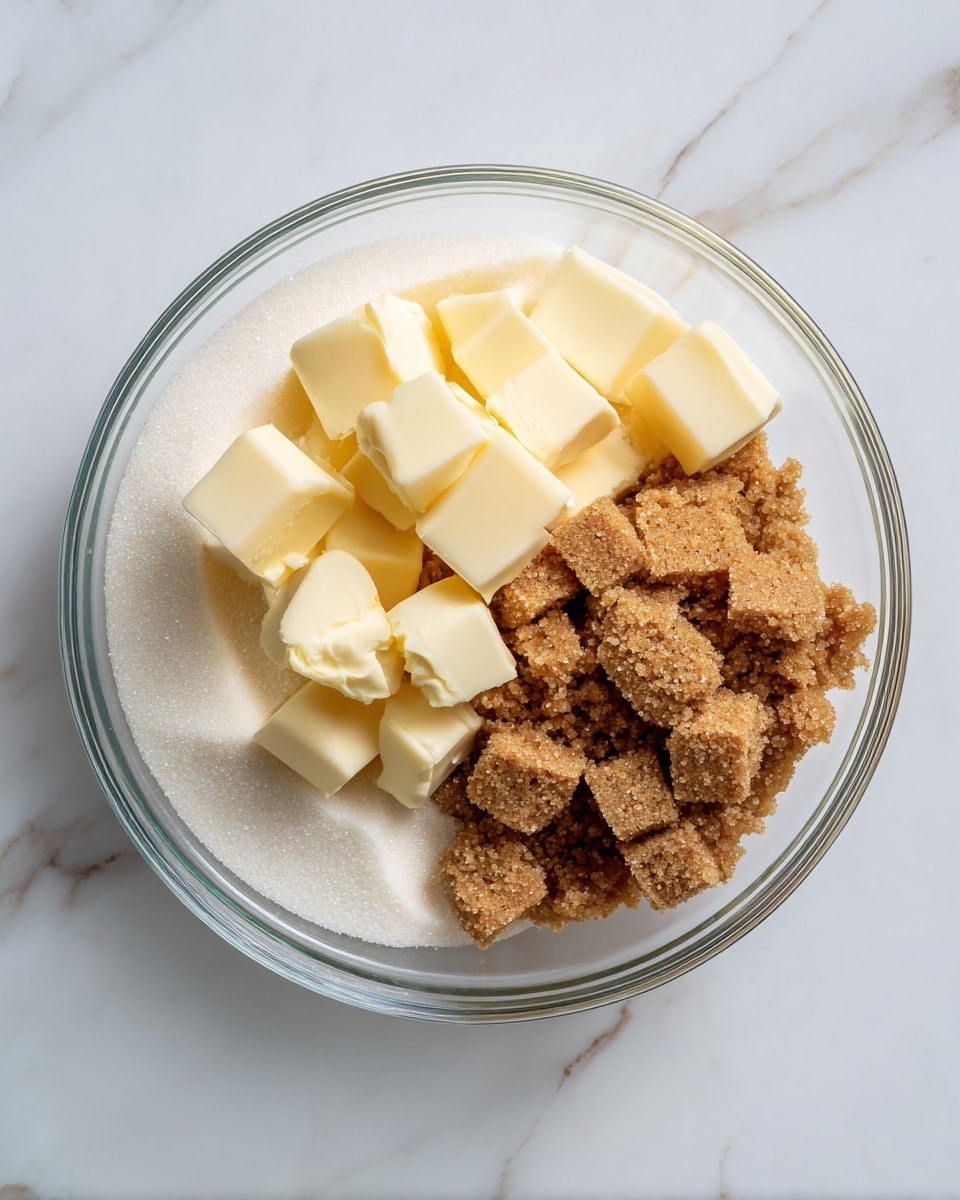 In a clear glass bowl set on a white marbled surface, there are three layers of ingredients: the bottom layer is a white granulated sugar, the middle layer consists of pale yellow butter cut into small cubes, and the top layer is brown sugar, clumped and granular, piled on one side of the bowl. The three layers stay separate, showing their distinct textures and colors clearly. photo taken with an iphone --ar 4:5 --v 7