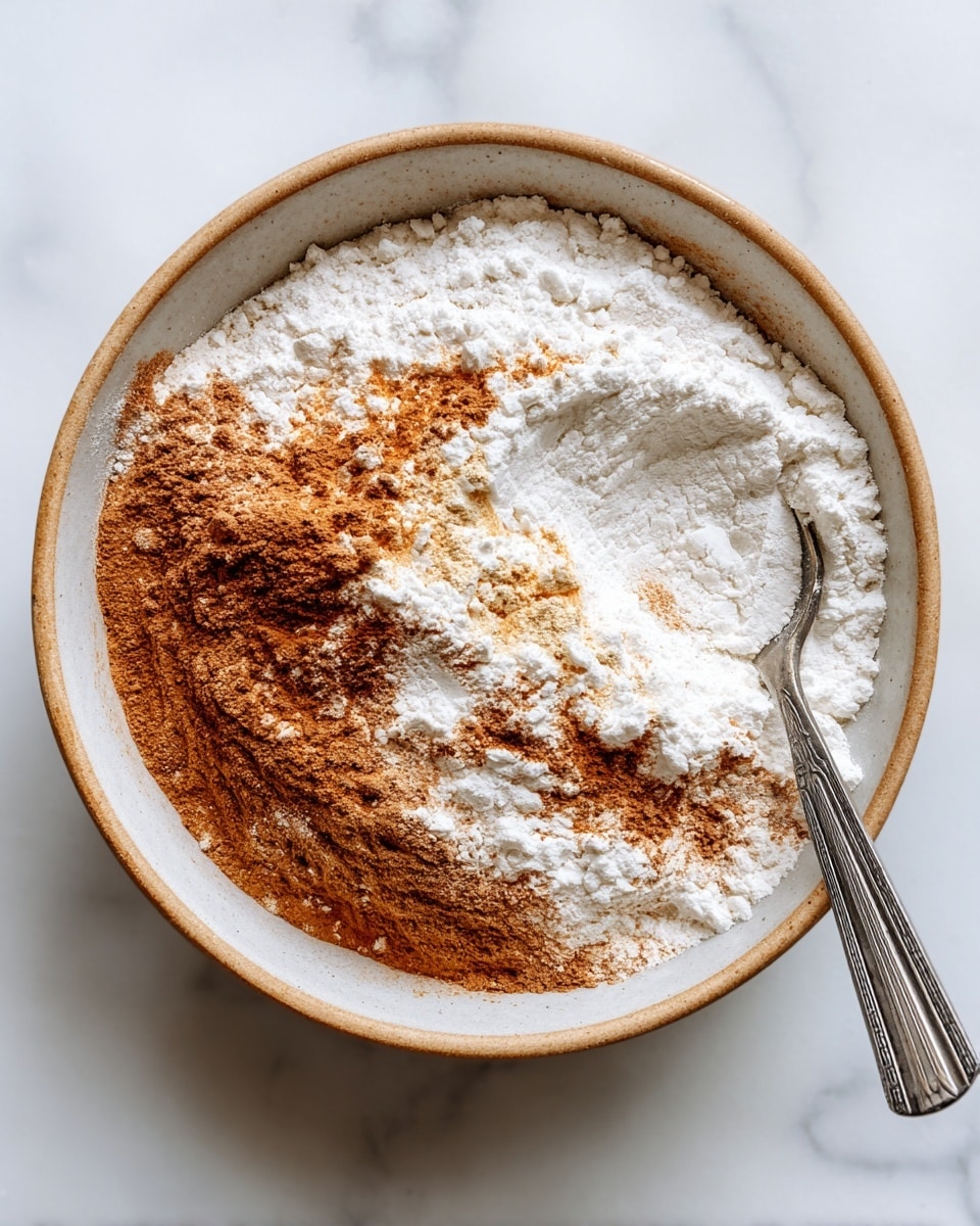 A close-up image of a round bowl with a beige rim filled with two main layers of dry ingredients: the bottom layer is a fine cinnamon brown powder, and the top layer is a thicker, white flour powder spread unevenly, showing some cinnamon patches beneath. A silver spoon rests inside the bowl on the right side, partly covered by the white flour. The bowl is placed on a white marbled surface. photo taken with an iphone --ar 4:5 --v 7