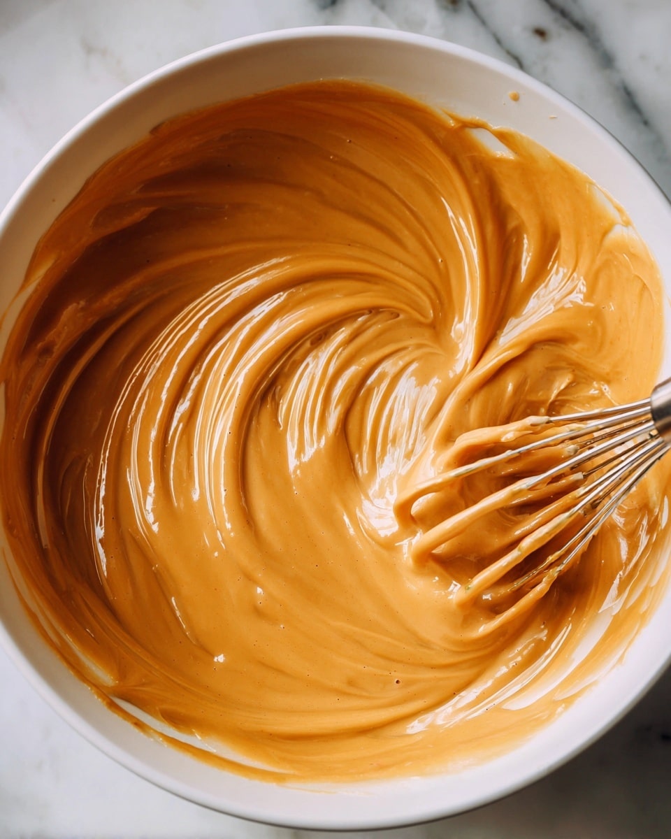 A close-up view of a thick, smooth, creamy orange mixture inside a large white bowl. The surface of the mixture shows soft swirls and glossy texture. On the right side, a whisk is partially dipped into the mixture, lifting some of it with smooth peaks forming. The background is a white marbled texture. photo taken with an iphone --ar 4:5 --v 7