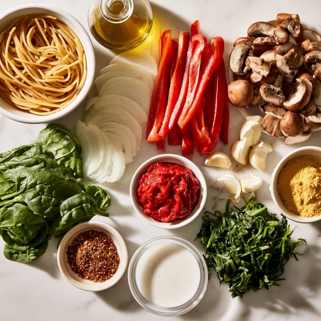A close-up shot of a large white bowl filled with farfalle pasta coated in a creamy orange sauce. The pasta is mixed evenly with slices of brown mushrooms, bright red bell pepper strips, and fresh green spinach leaves scattered throughout. The dish has a shiny, slightly thick texture with visible seasoning specks on the pasta. The bowl sits on a black and white checkered cloth with uncooked farfalle pasta and a single mushroom in the blurry white marbled background. photo taken with an iphone --ar 4:5 --v 7