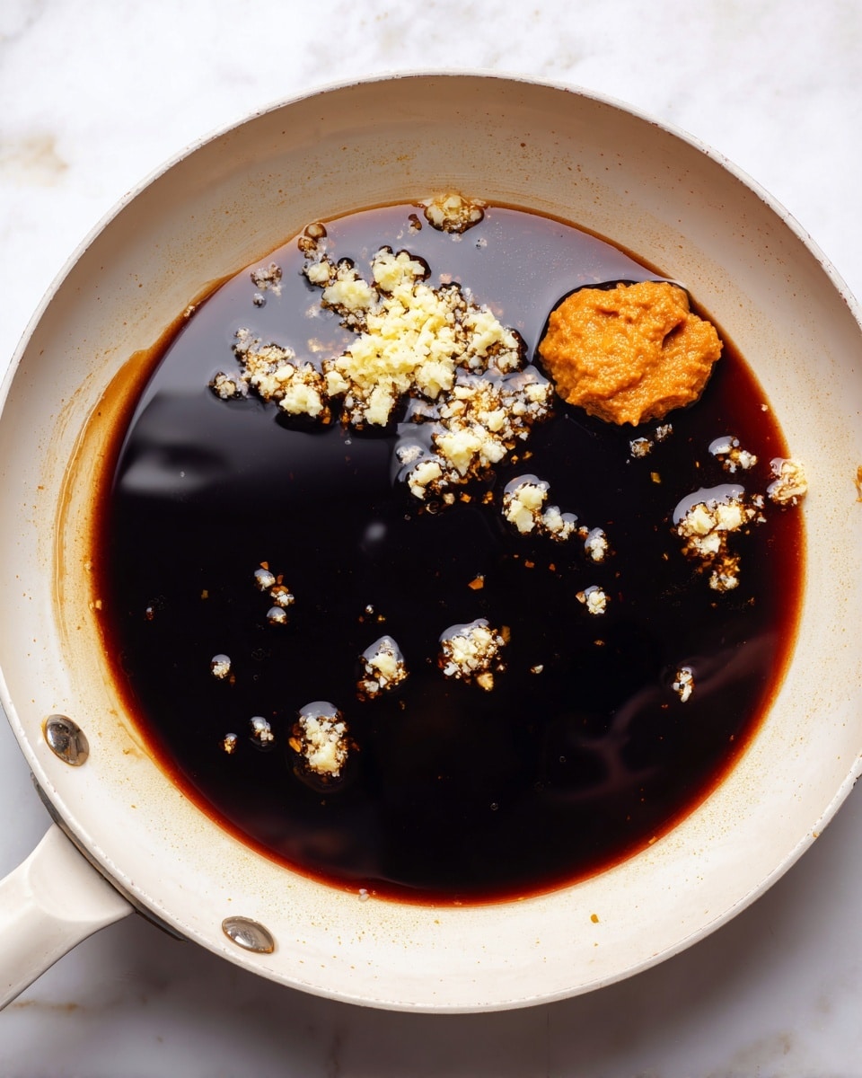 A white pan filled with a dark brown liquid that looks like soy sauce, with small clumps of light yellow minced garlic floating on top, and a smooth blob of light orange paste near the edge of the liquid. The liquid has a shiny surface with some reflections. The pan has some light stains near the sides and is placed on a white marbled surface. Photo taken with an iphone --ar 4:5 --v 7