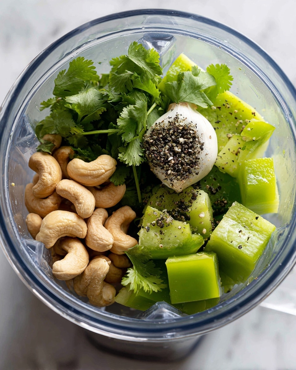 A clear blender container is filled with several ingredients ready to be blended, showing layers of light brown cashew nuts at the bottom left, fresh bright green cilantro leaves with stems covering most of the space, large pale green chunks of green bell pepper near the top, and a whole clove of white garlic positioned slightly left of center, sprinkled with a small mound of fine black pepper powder on top of the cilantro and peppers; the container sits on a white marbled surface. photo taken with an iphone --ar 4:5 --v 7