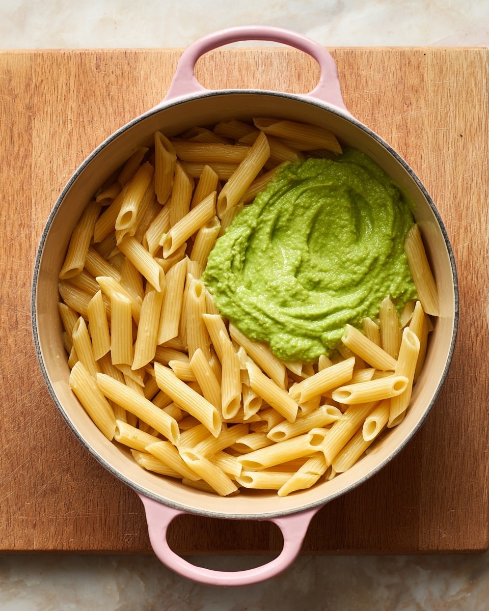 The image shows a light pink pot with two handles filled with penne pasta. The penne pasta is pale yellow and arranged in a single layer, mostly spread around the edges of the pot. In the center, there is a thick bright green sauce partially covering some pasta, with a smooth and creamy texture. The pot sits on a wooden cutting board surface. photo taken with an iphone --ar 4:5 --v 7