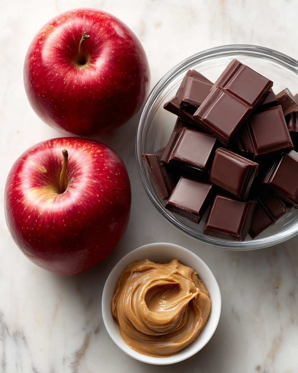 Two whole red apples with smooth skin sit on a white marbled surface to the left. To the right, there is a clear glass bowl filled with dark chocolate square pieces stacked evenly. Below the apples and bowl, a small white bowl holds light brown peanut butter with a creamy texture. The items are spaced apart neatly. Photo taken with an iphone --ar 4:5 --v 7